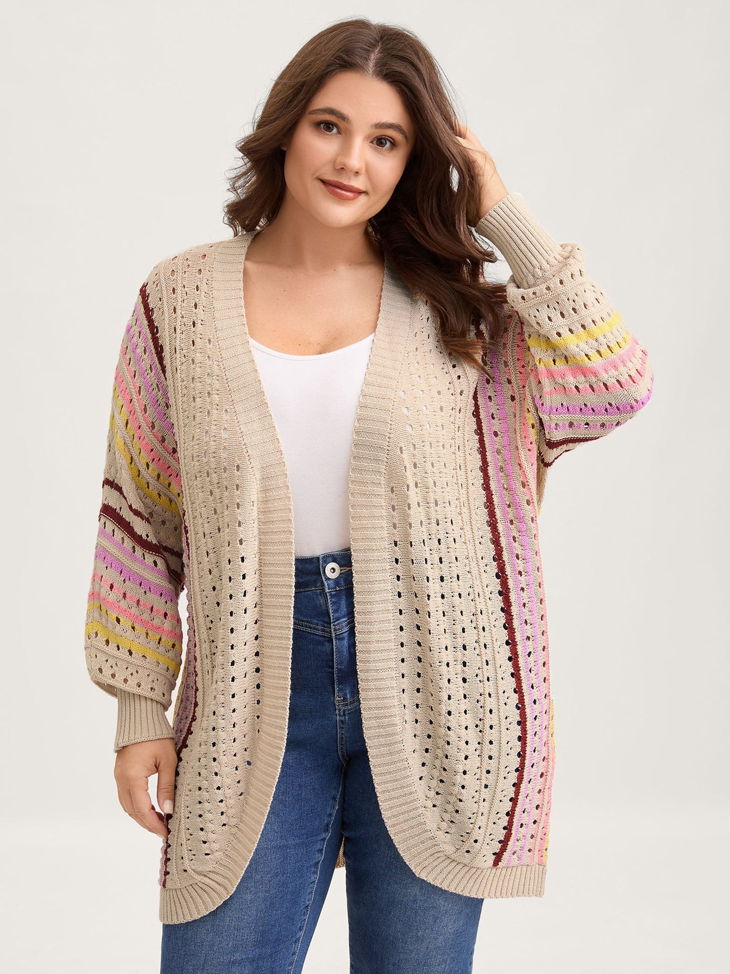 Textured Cut-Out Striped Knit Cardigan