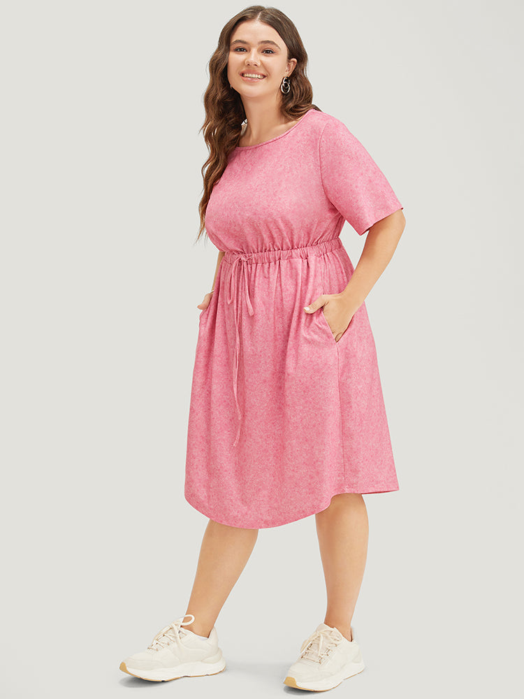 Plain Round Neck Pocket Heather Drawstring Dress