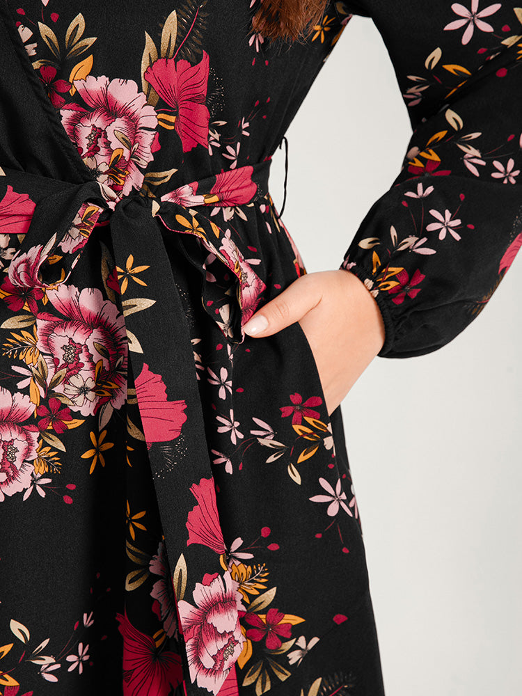 Floral Ruffle Lantern Sleeve Pocket Belted Asymmetrical Hem Dress