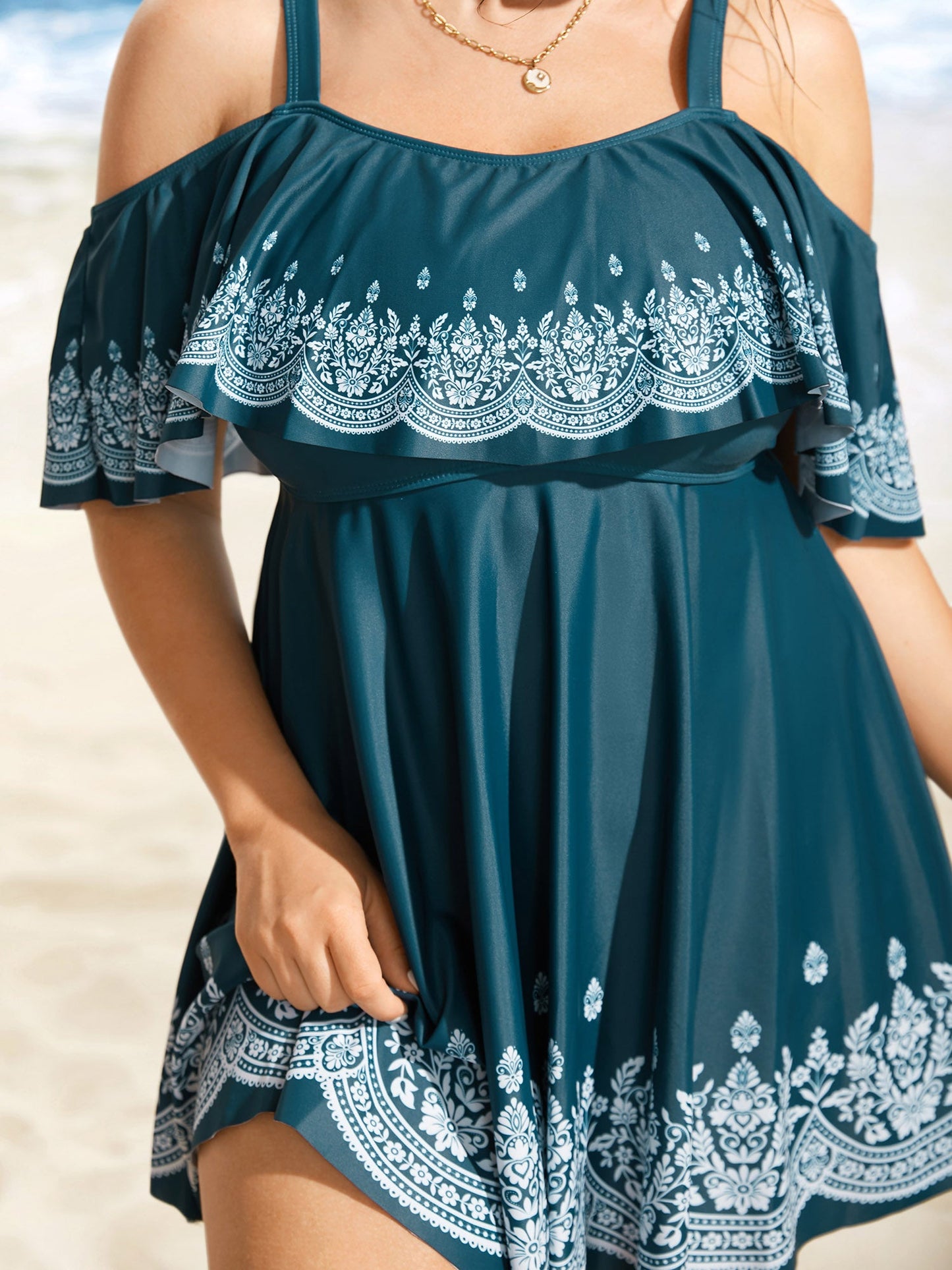Boho Print Off Shoulder Ruffle Trim Swim Dress