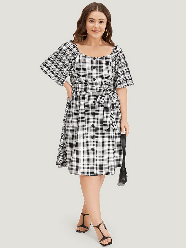 Plaid Belted Pocket Button Detail Square Neck Dress