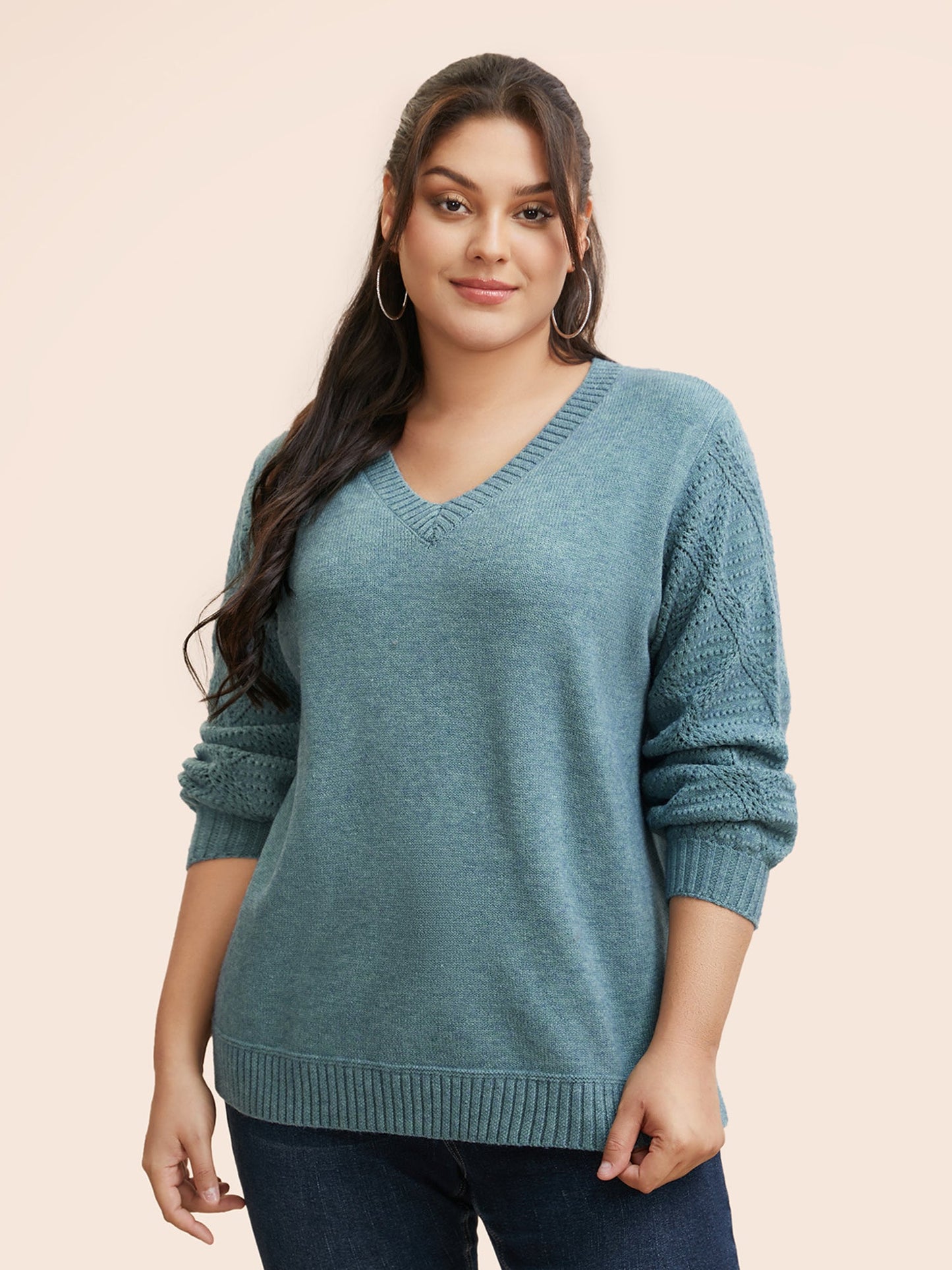 V Neck Texture Lantern Sleeve Pullover