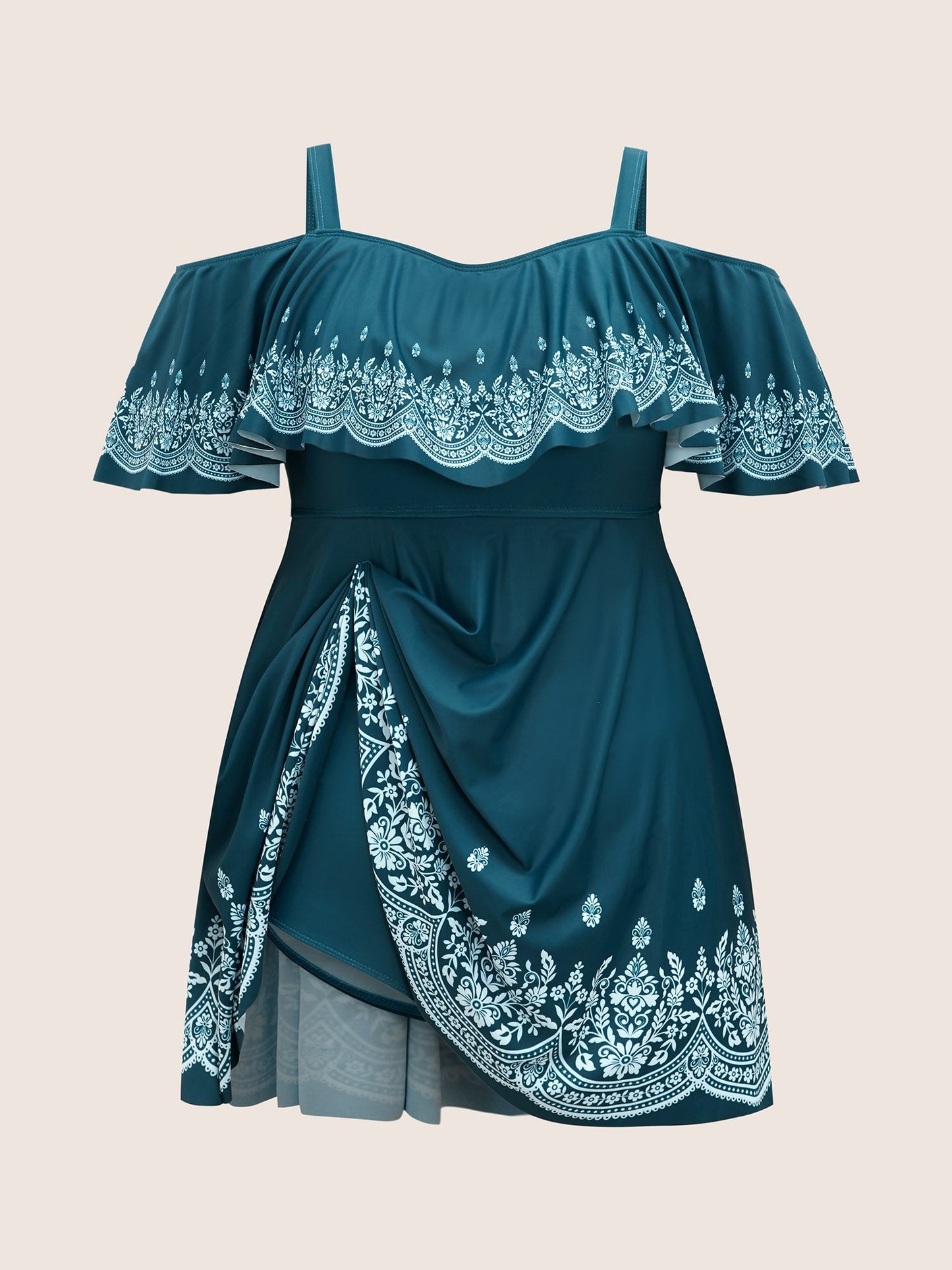 Boho Print Off Shoulder Ruffle Trim Swim Dress