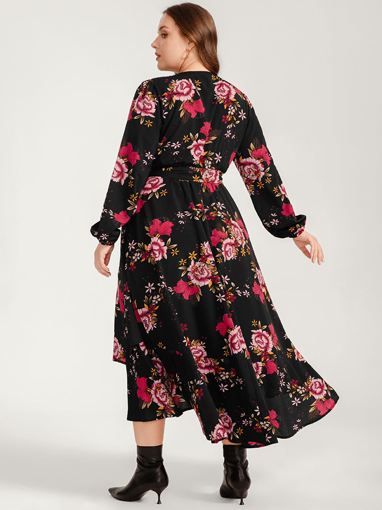 Floral Ruffle Lantern Sleeve Pocket Belted Asymmetrical Hem Dress