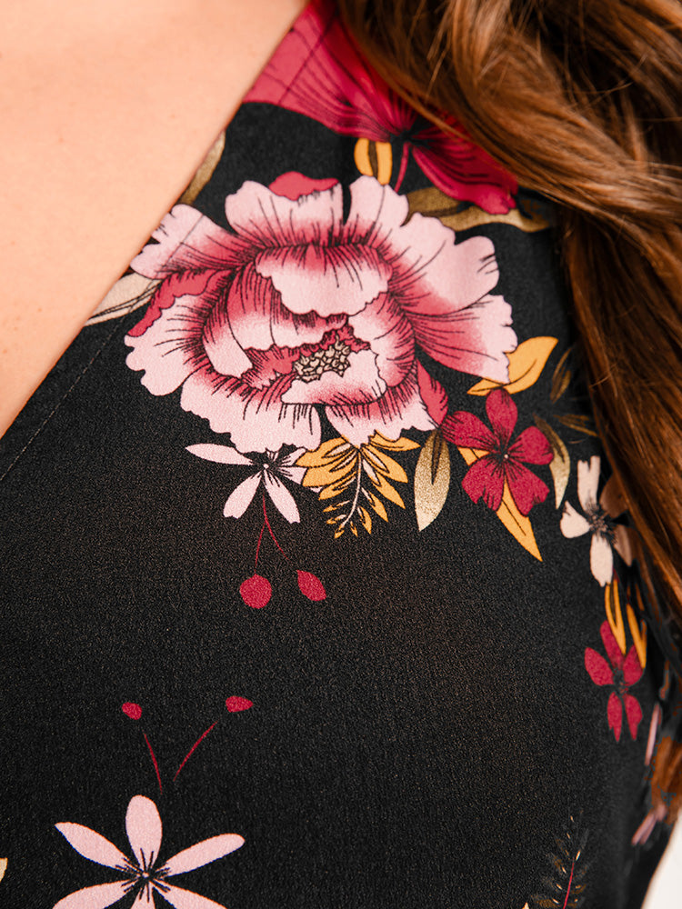 Floral Ruffle Lantern Sleeve Pocket Belted Asymmetrical Hem Dress