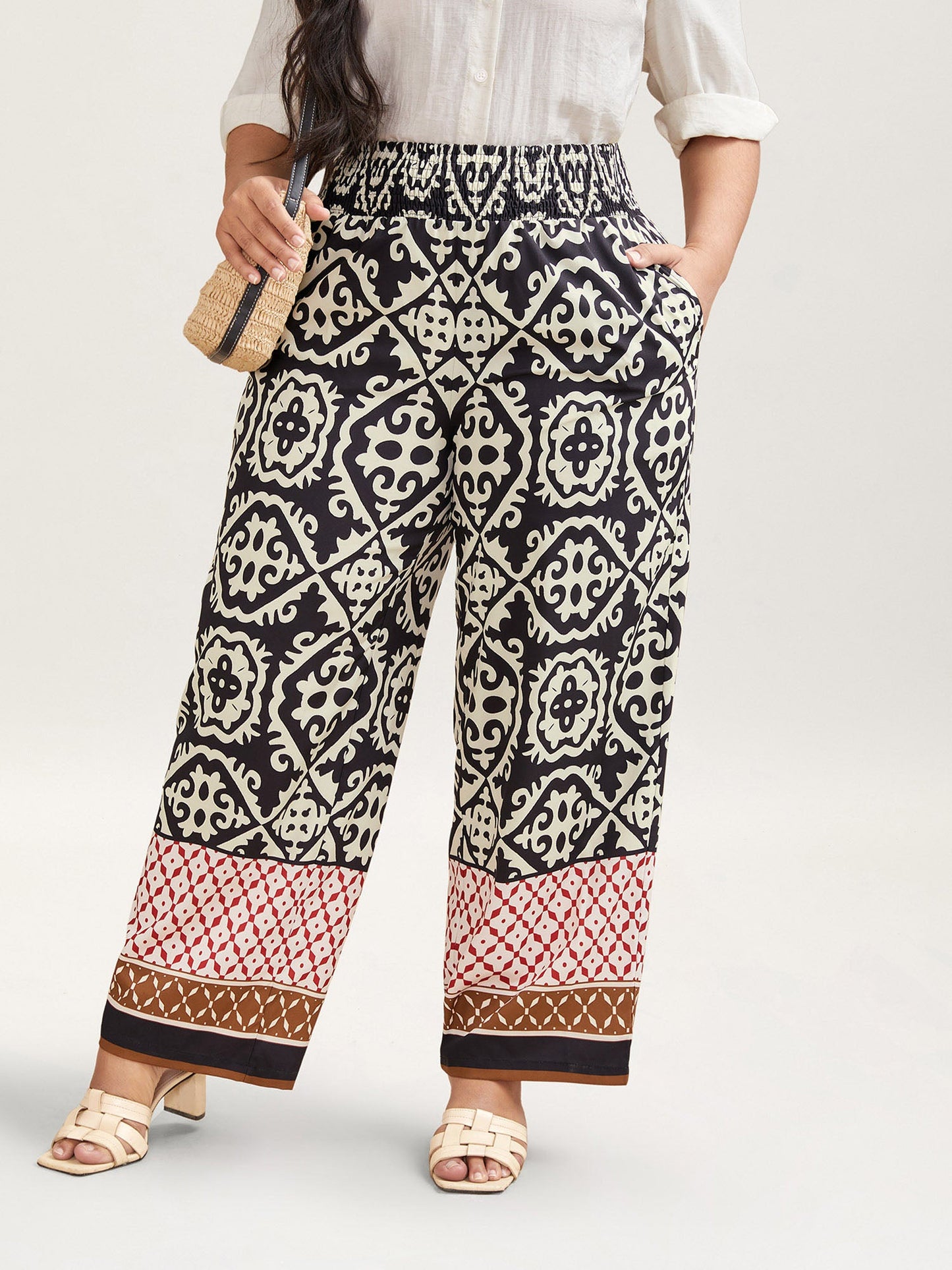 Ornate Print Contrast Hem Straight Leg Pants