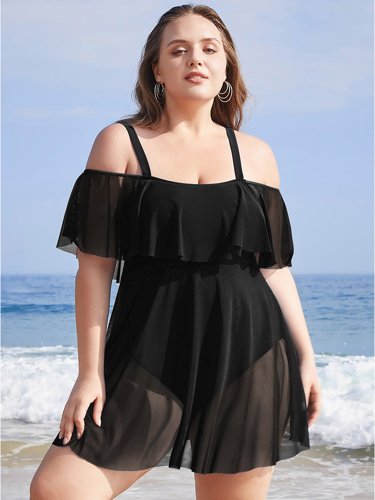 Solid Mesh Ruffles Cold Shoulder Sculpt Waist Swim Dress