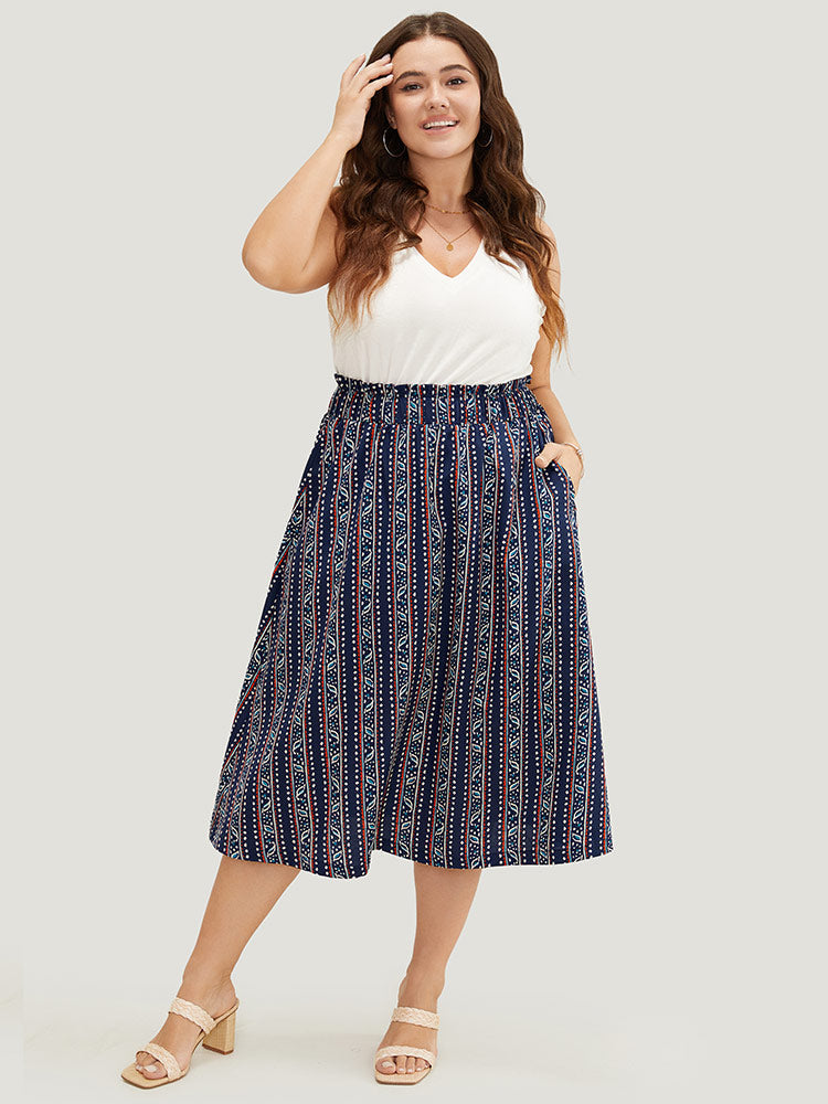 Striped Print Pocket Paperbag Waist Skirt