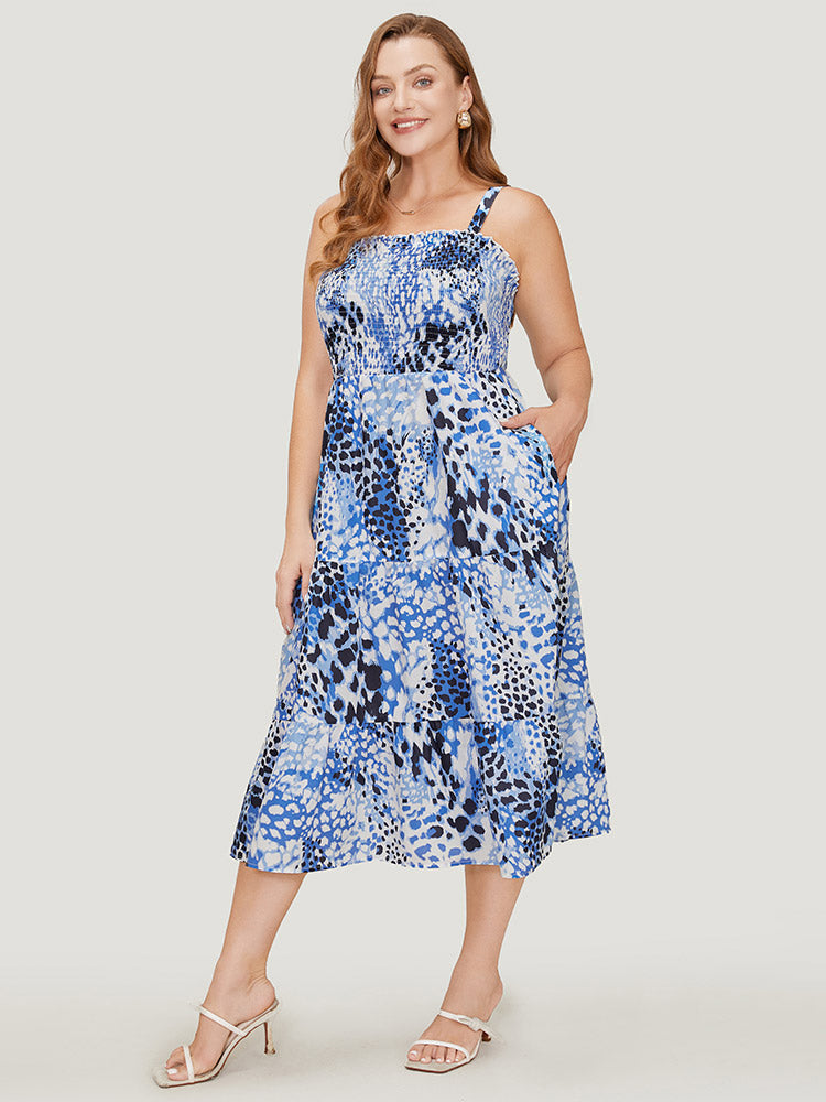Leopard Print Shirred Pocket Frill Trim Cami Dress
