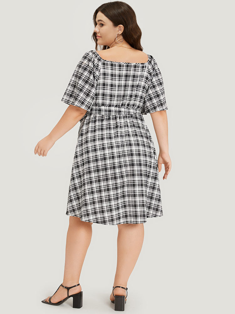 Plaid Belted Pocket Button Detail Square Neck Dress