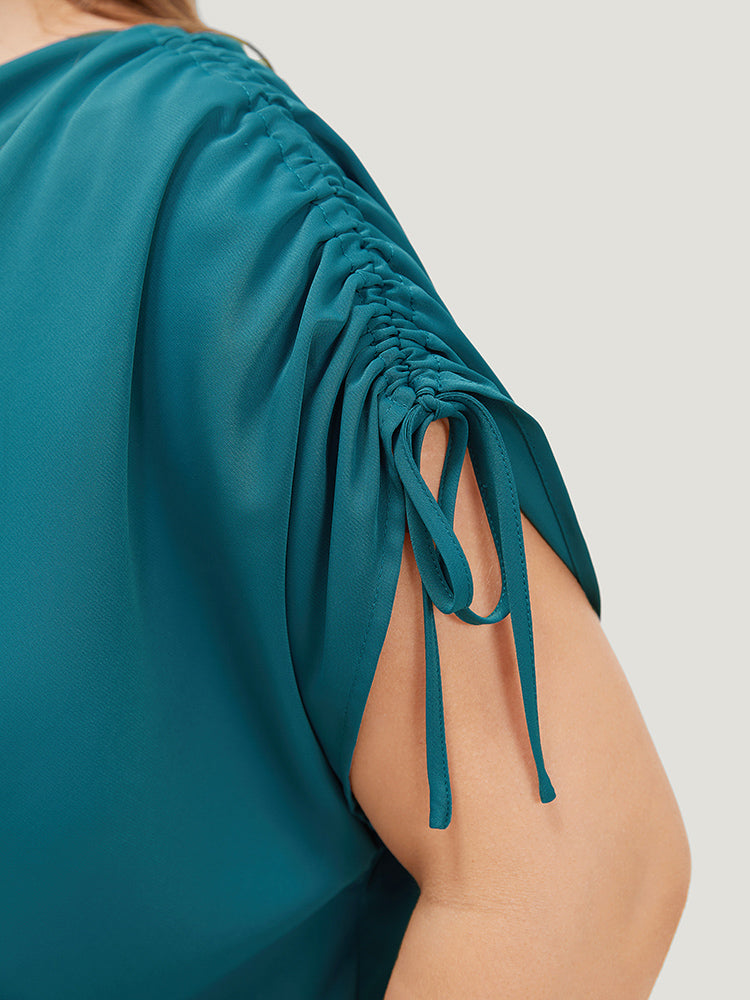 Solid Cowl Neck Drawstring Sleeve Blouse
