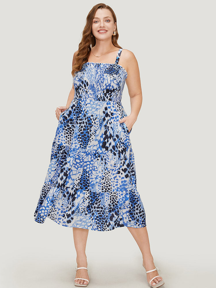 Leopard Print Shirred Pocket Frill Trim Cami Dress