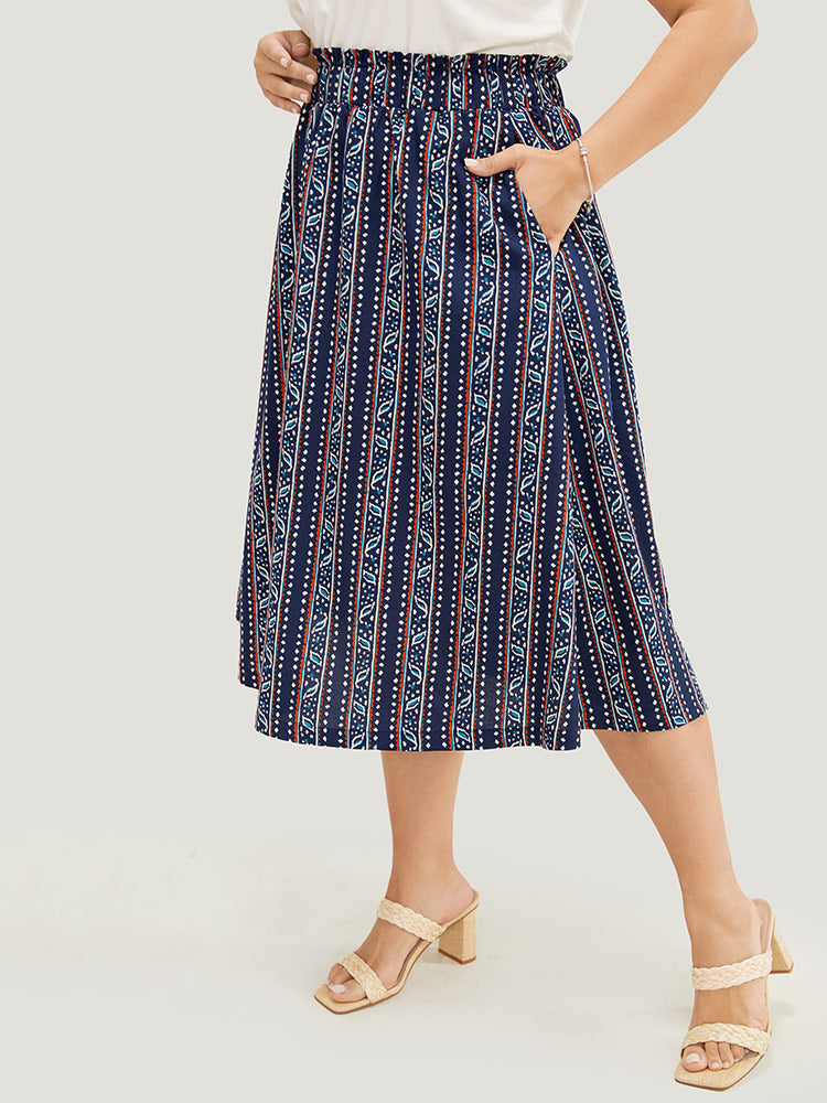 Striped Print Pocket Paperbag Waist Skirt