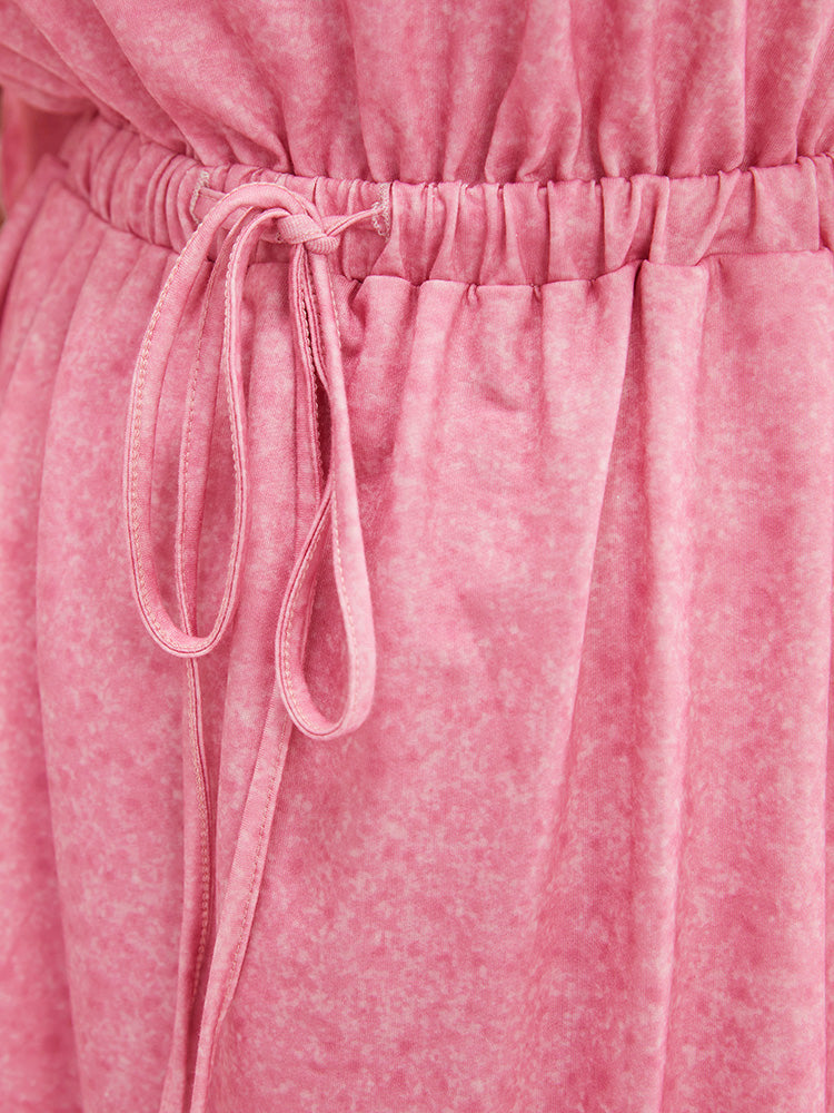 Plain Round Neck Pocket Heather Drawstring Dress