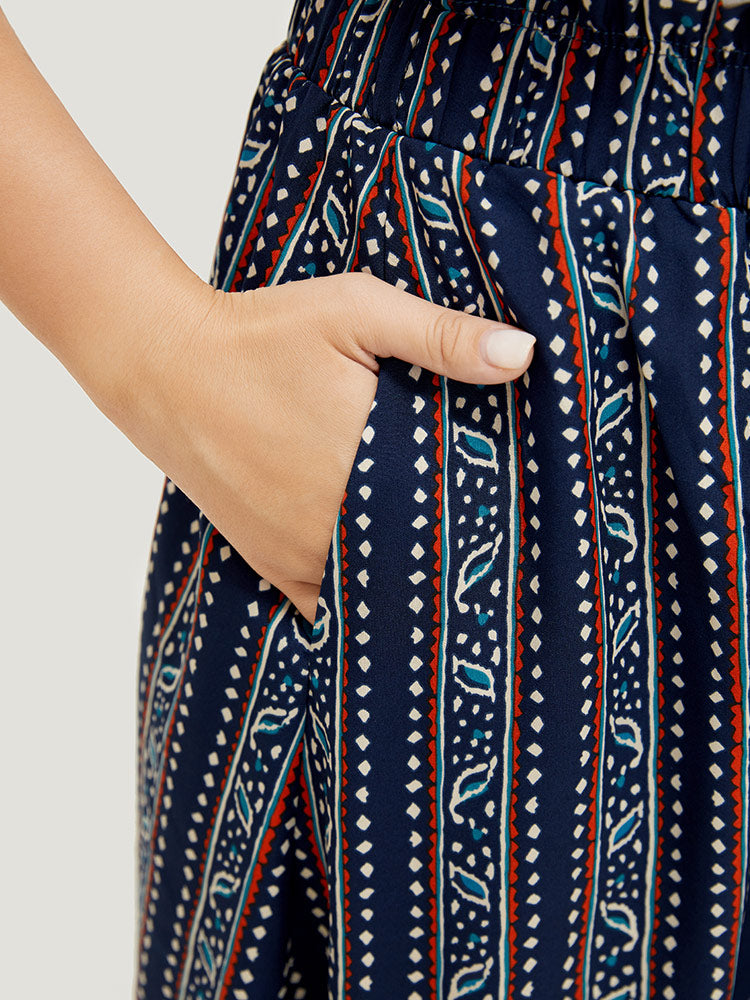 Striped Print Pocket Paperbag Waist Skirt