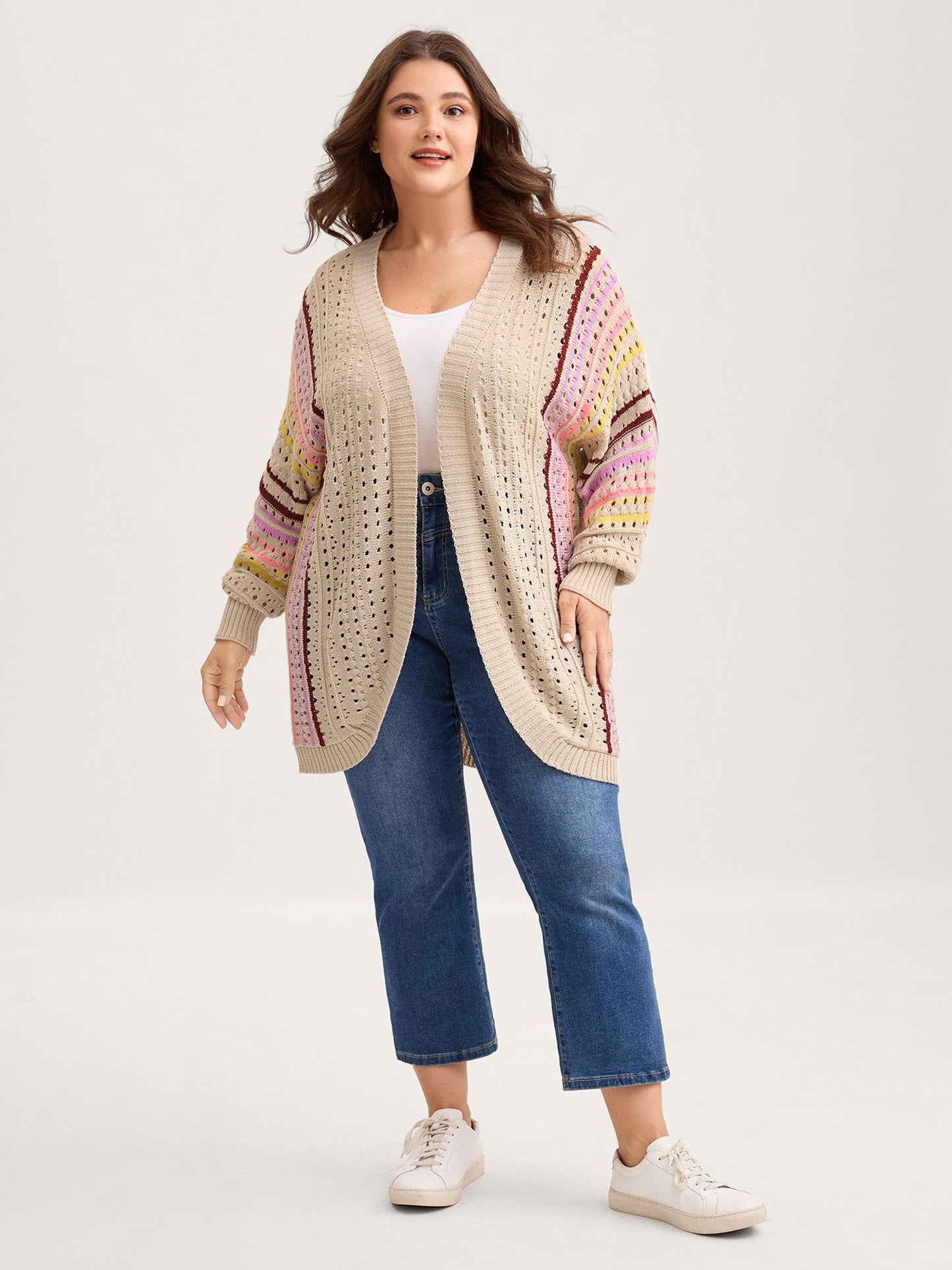 Textured Cut-Out Striped Knit Cardigan