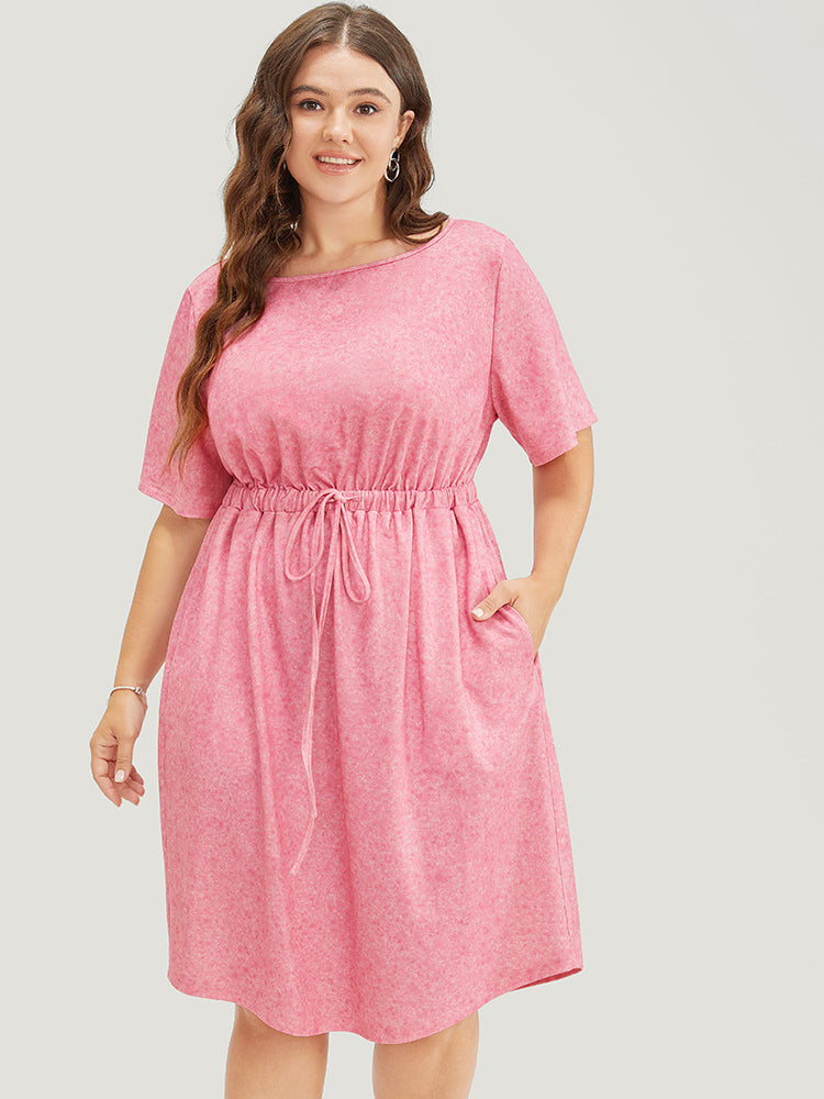 Plain Round Neck Pocket Heather Drawstring Dress