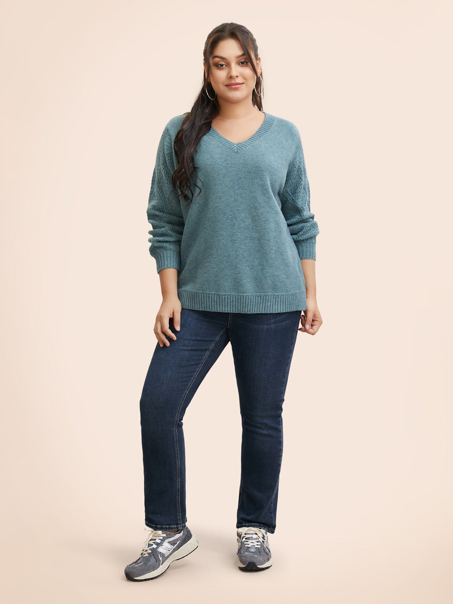 V Neck Texture Lantern Sleeve Pullover