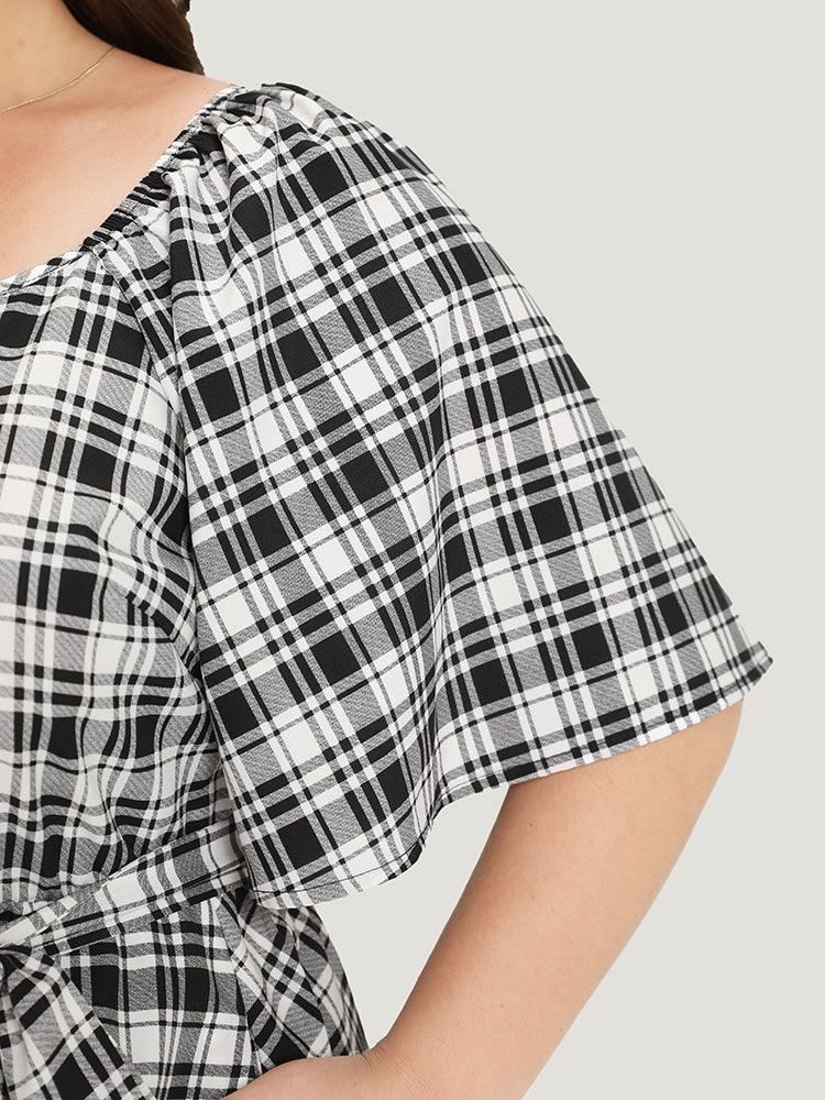 Plaid Belted Pocket Button Detail Square Neck Dress