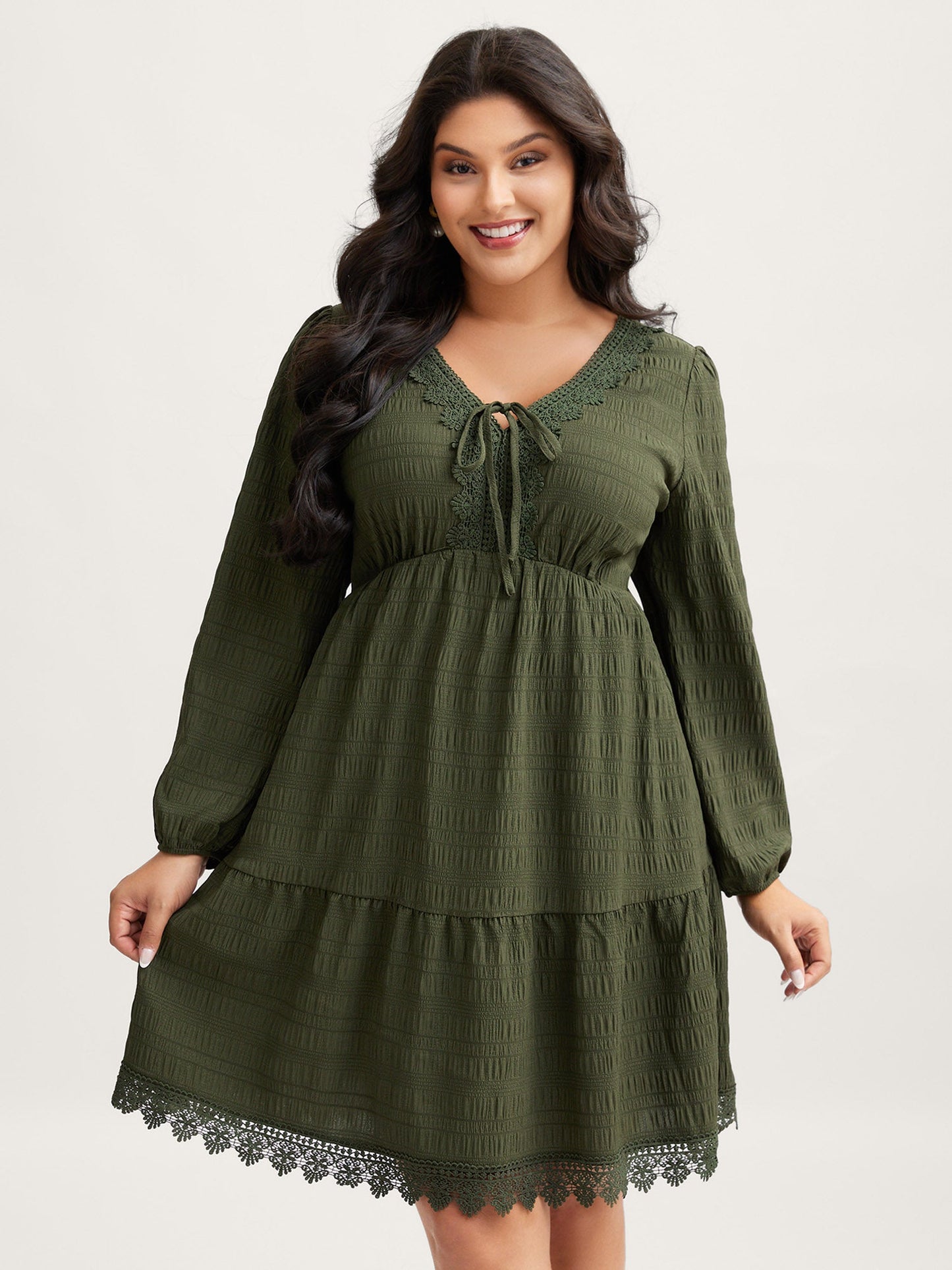 Textured Lace Adjustable Neck-Tie Midi Dress