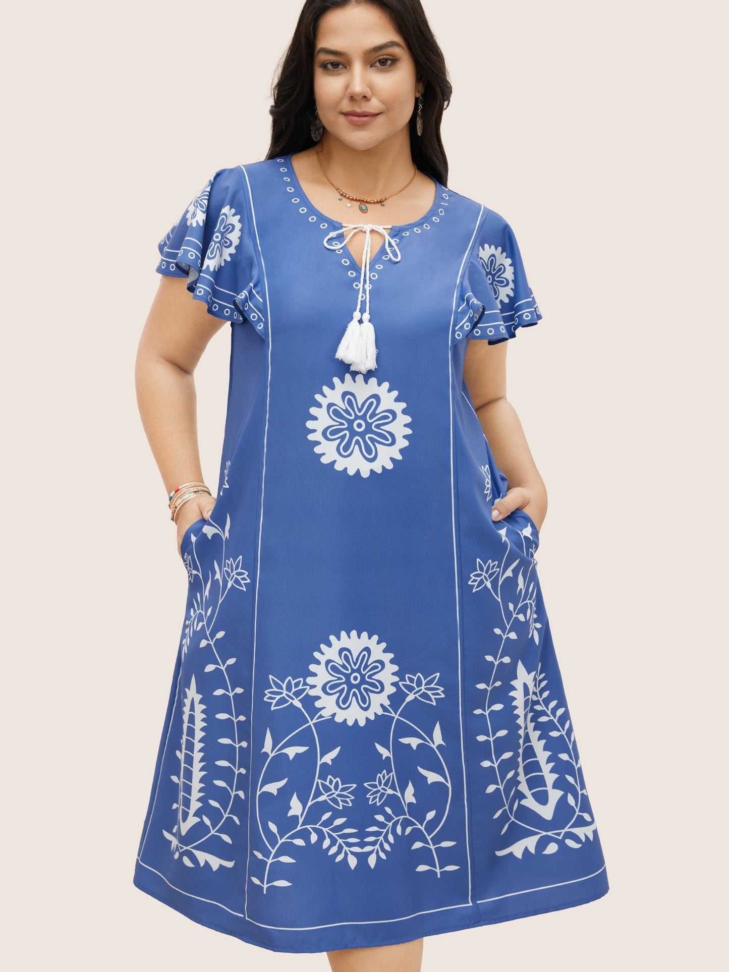 Boho Print Tassels Ruffle Sleeve Dress