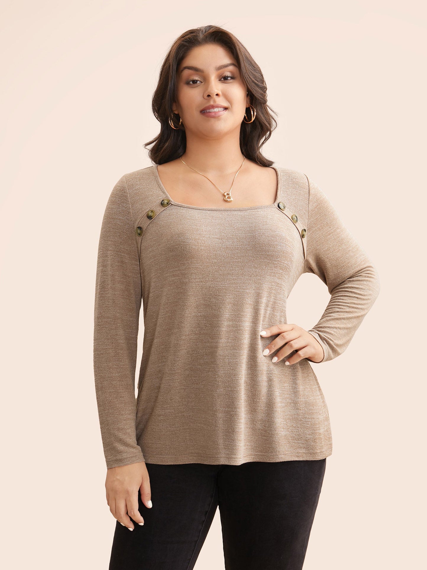 Heather Square Neck Button Detail T-shirt