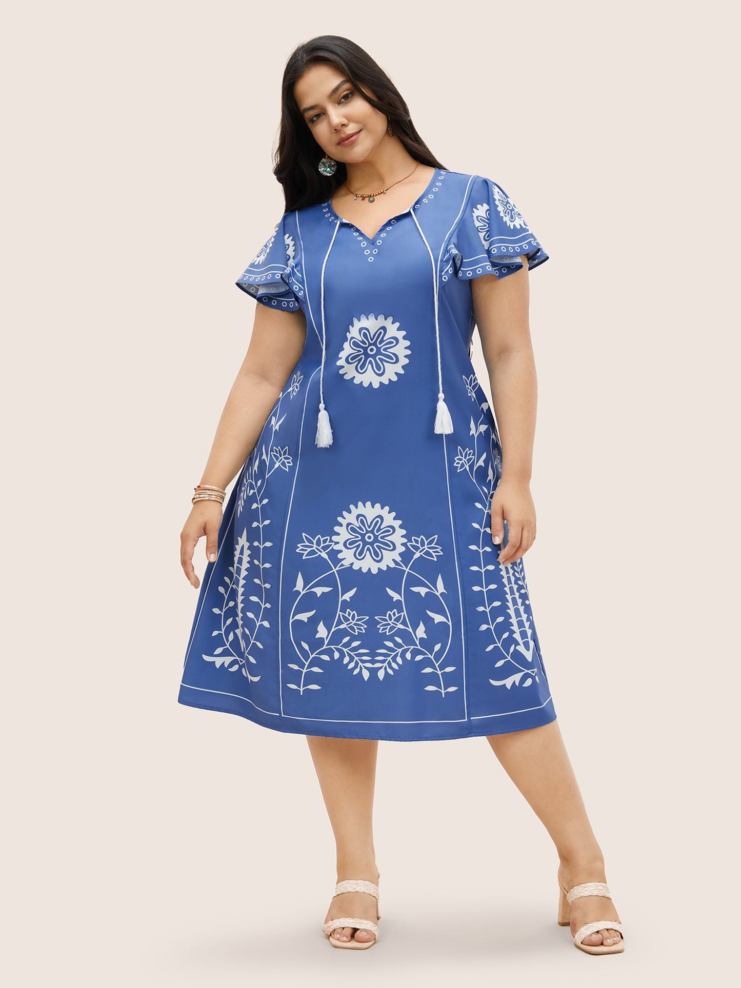 Boho Print Tassels Ruffle Sleeve Dress