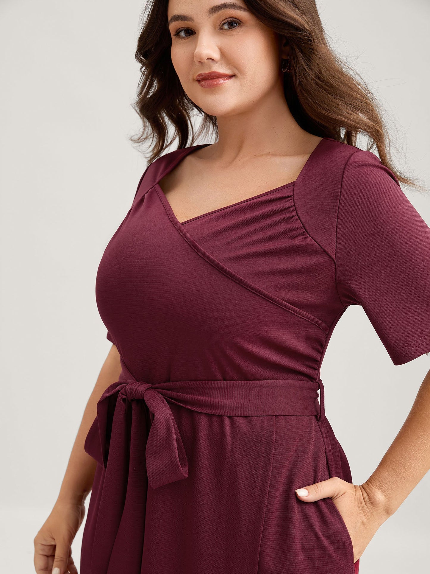 Stretchy Overlap Bodice Pockets Knit Midi Dress