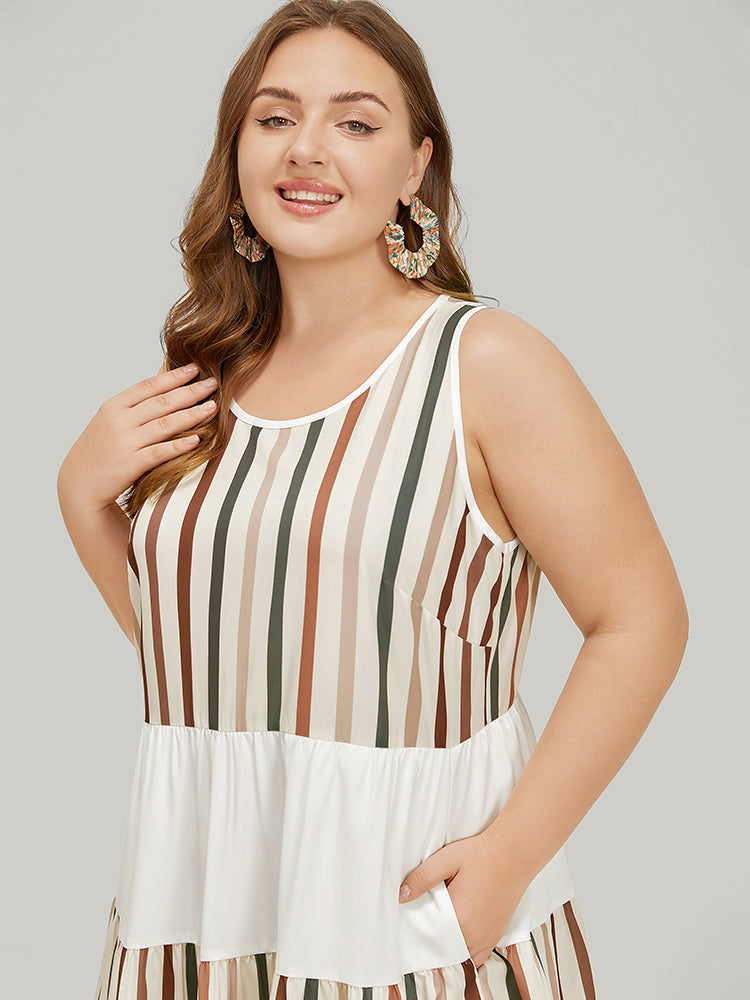 Striped Patchwork Pocket Layered Hem Tank Dress