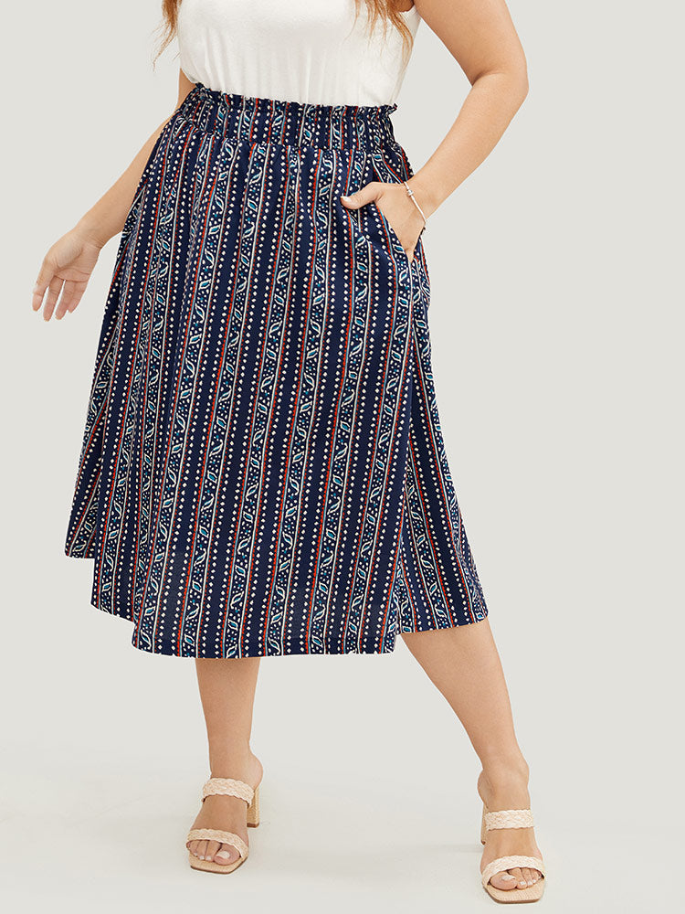 Striped Print Pocket Paperbag Waist Skirt