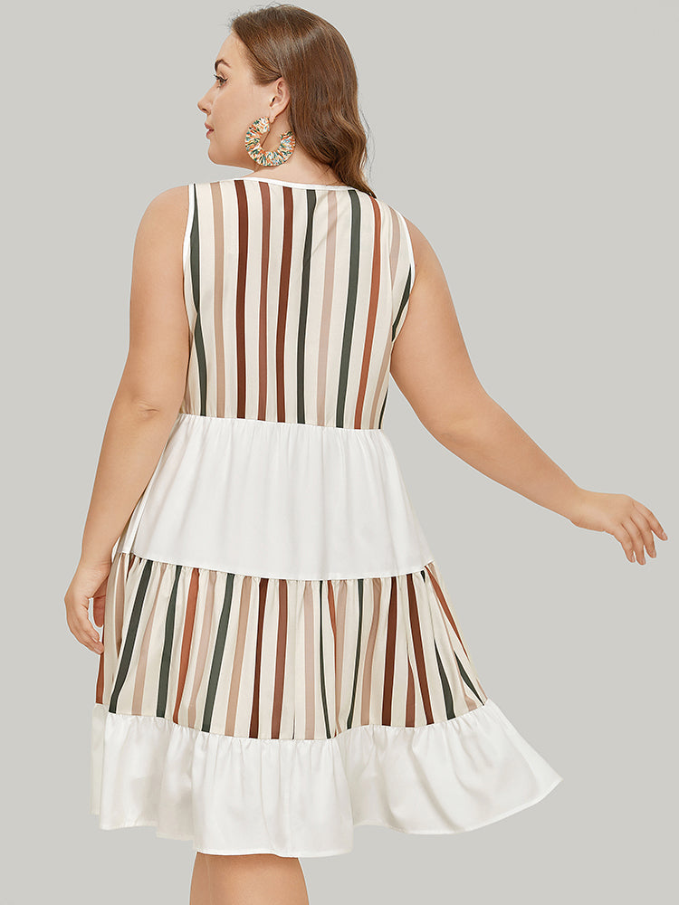 Striped Patchwork Pocket Layered Hem Tank Dress