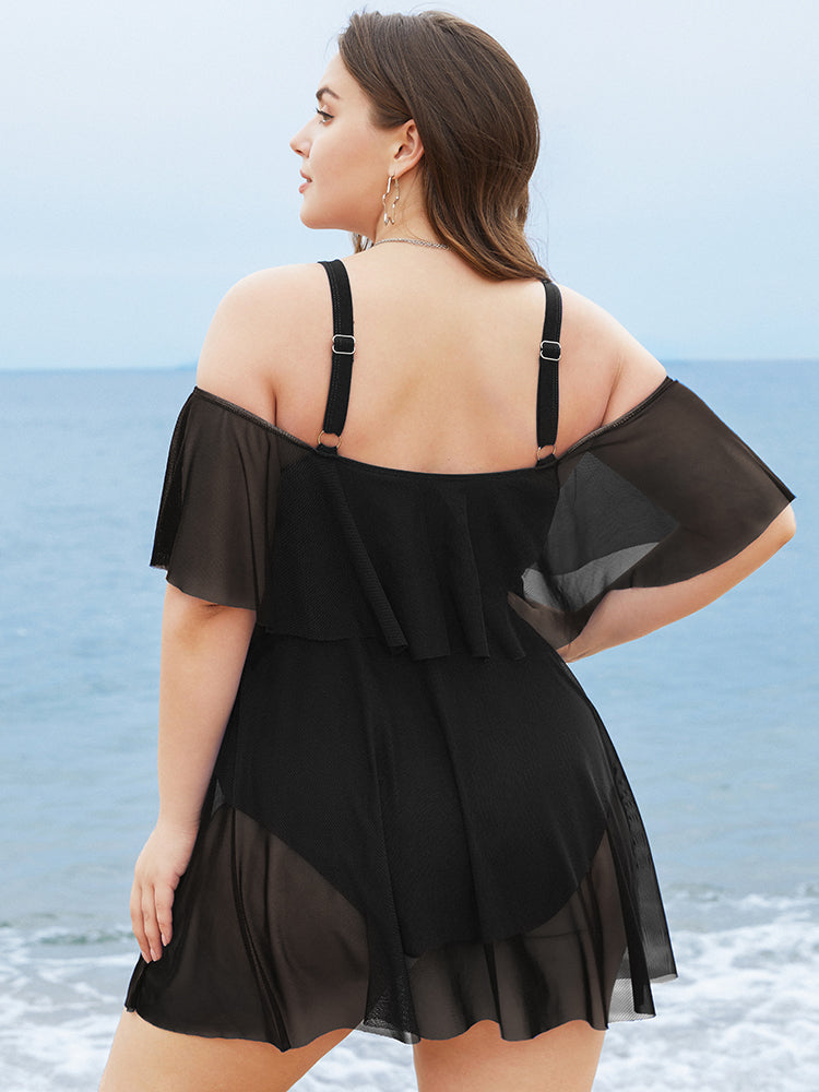 Solid Mesh Ruffles Cold Shoulder Sculpt Waist Swim Dress