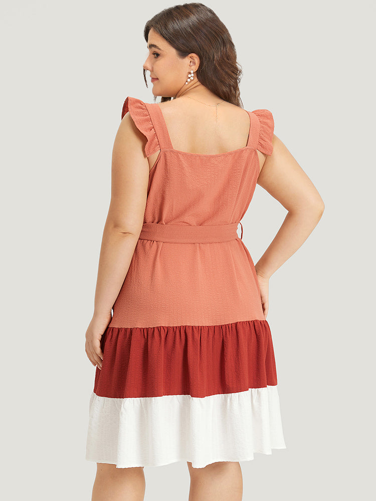 Contrast Ruffles Pocket Belted Square Neck Cami Dress