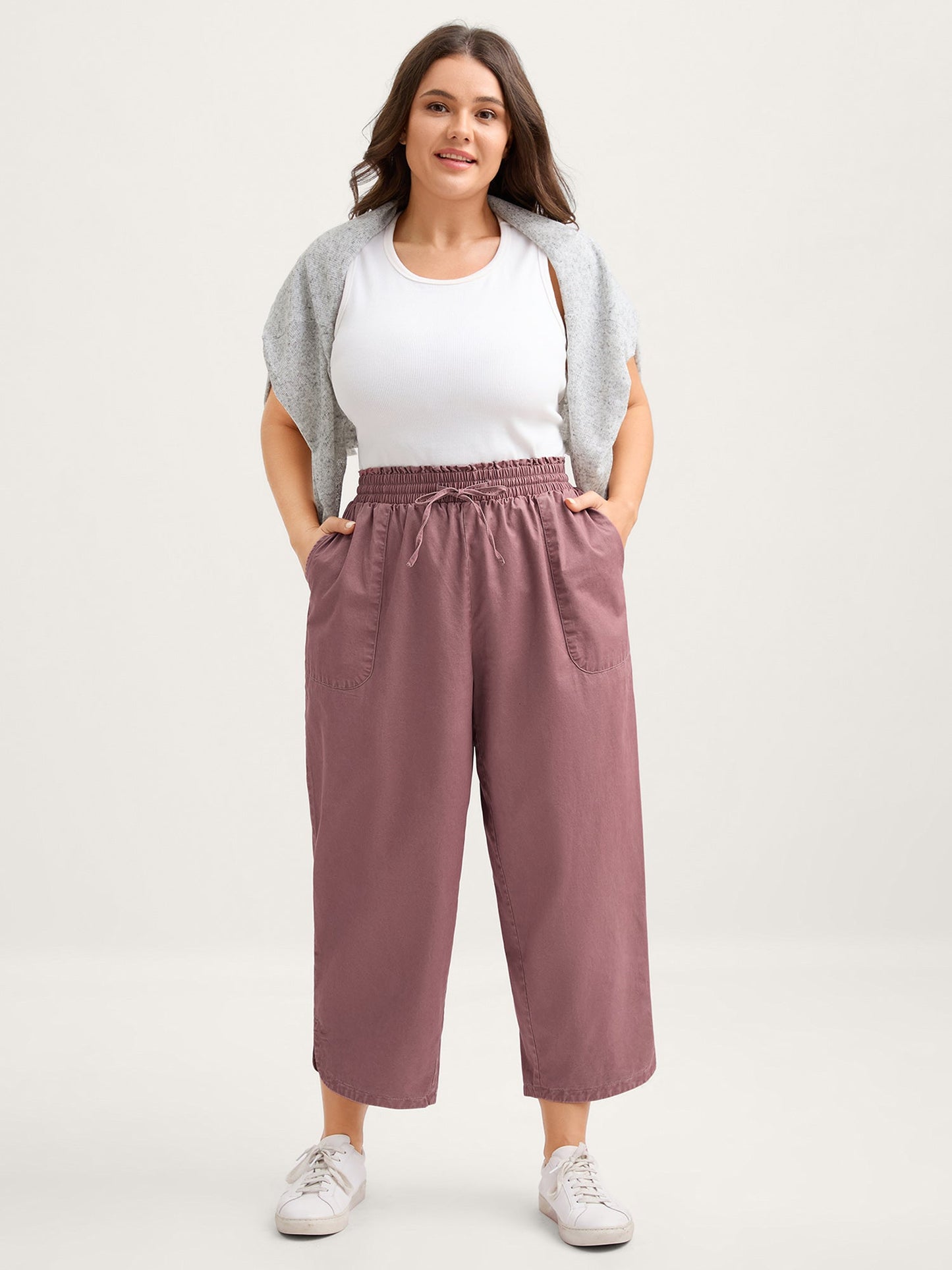 Cotton Shirred Wide Waistband Hem Slit Pants