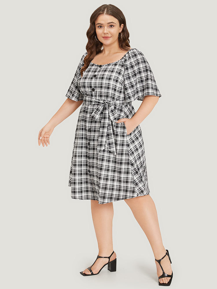 Plaid Belted Pocket Button Detail Square Neck Dress