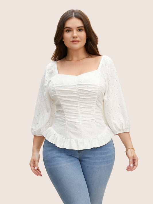 Broderie Anglaise Ruched Lantern Sleeve Blouse