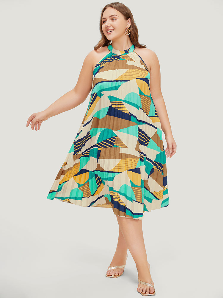 Geometric Contrast Pocket Halter Neck Pleated Dress