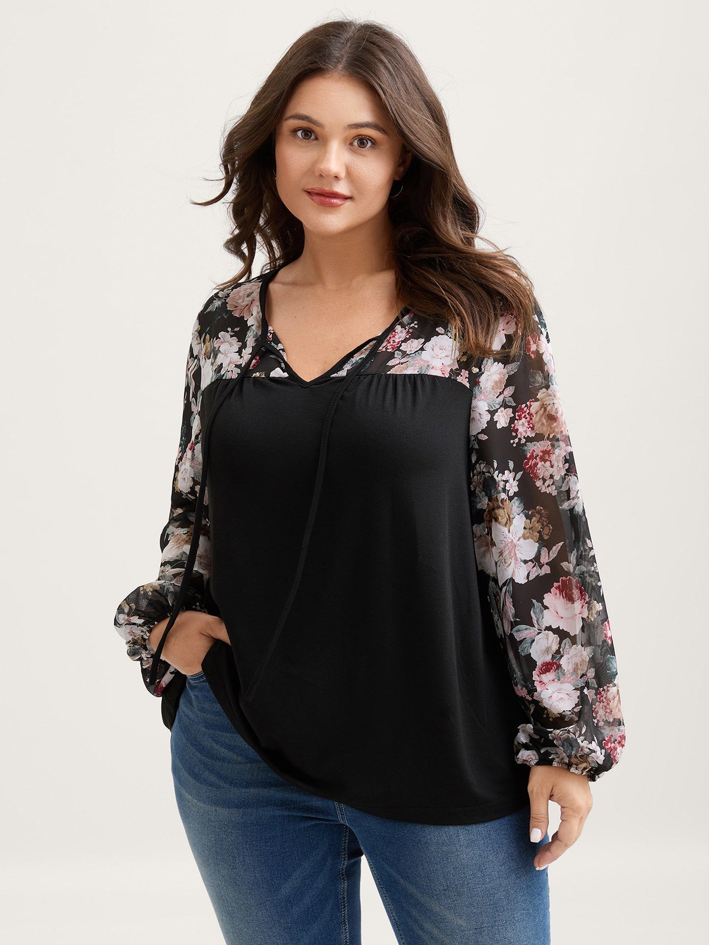 Sheer Floral Print Neck-Tie T-Shirt