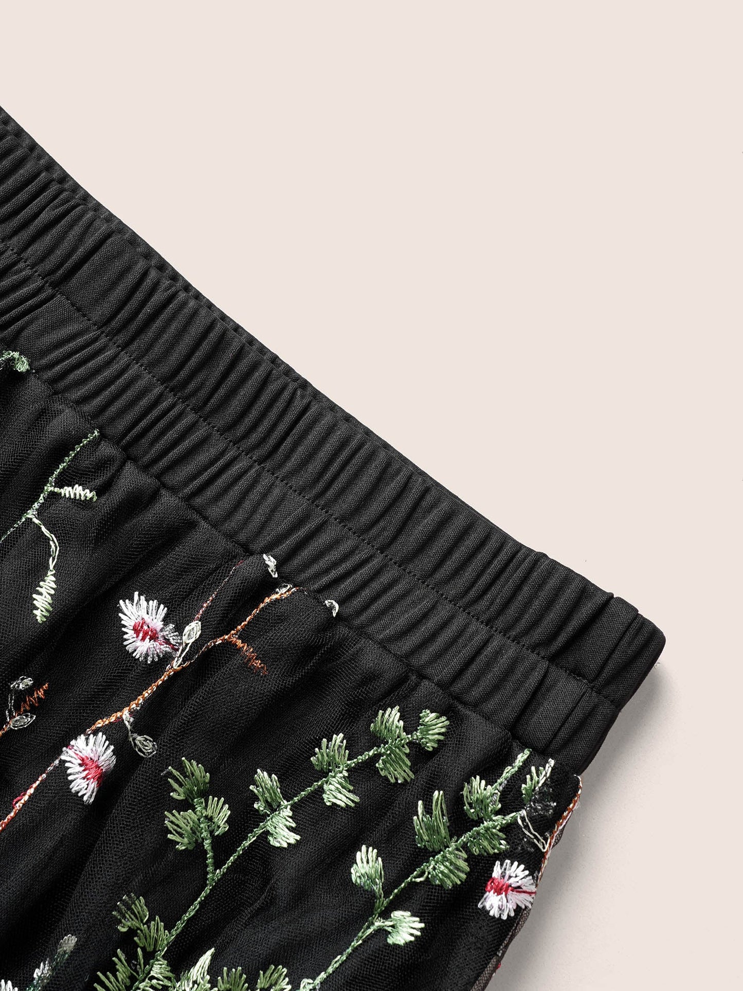 Plants Embroidered Mesh Elastic Waist Skirt