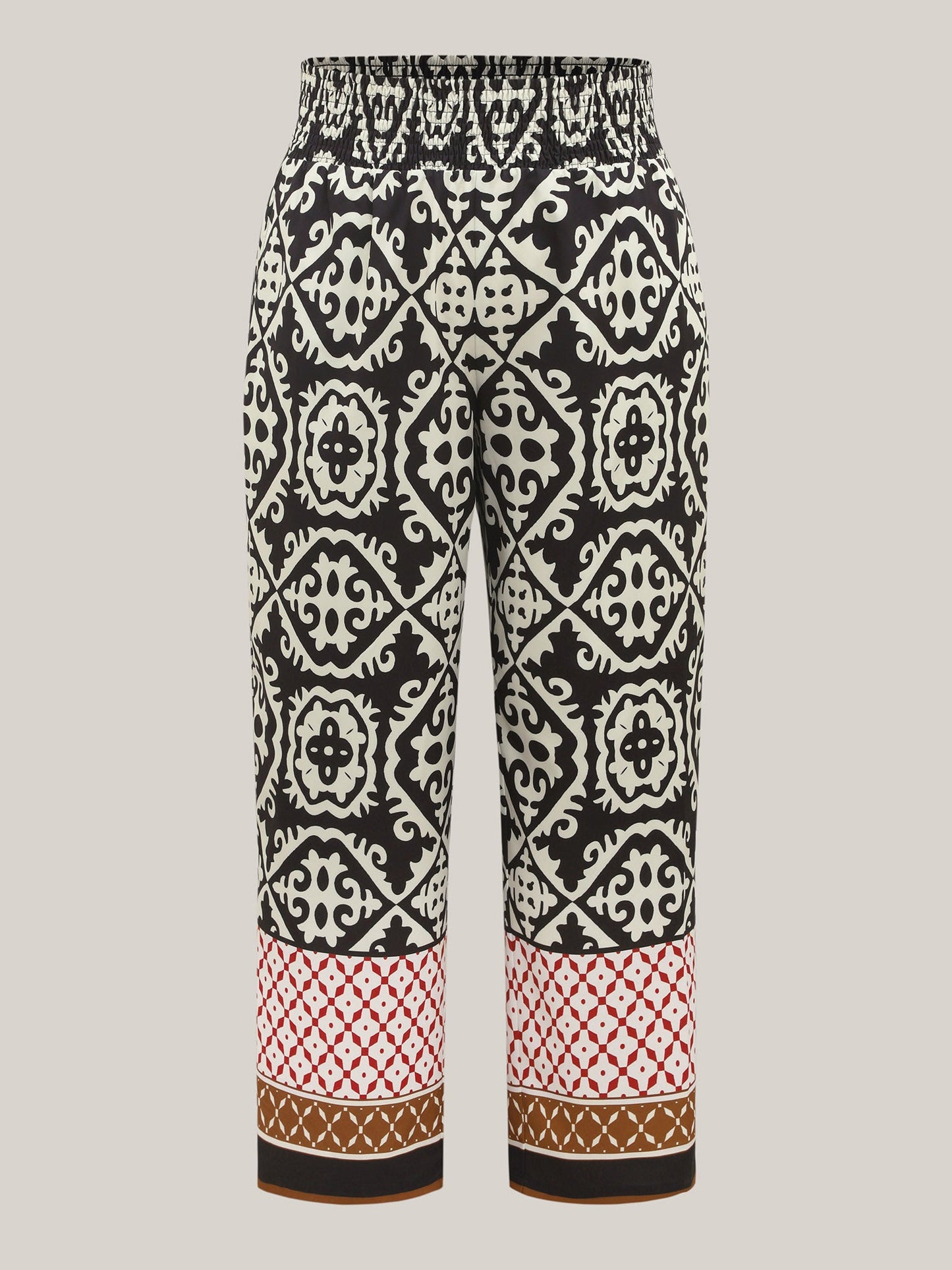 Ornate Print Contrast Hem Straight Leg Pants