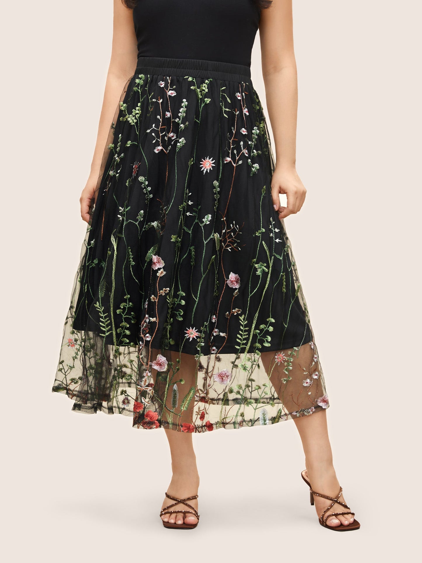 Plants Embroidered Mesh Elastic Waist Skirt
