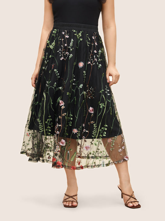 Plants Embroidered Mesh Elastic Waist Skirt