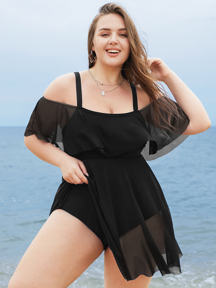 Solid Mesh Ruffles Cold Shoulder Sculpt Waist Swim Dress