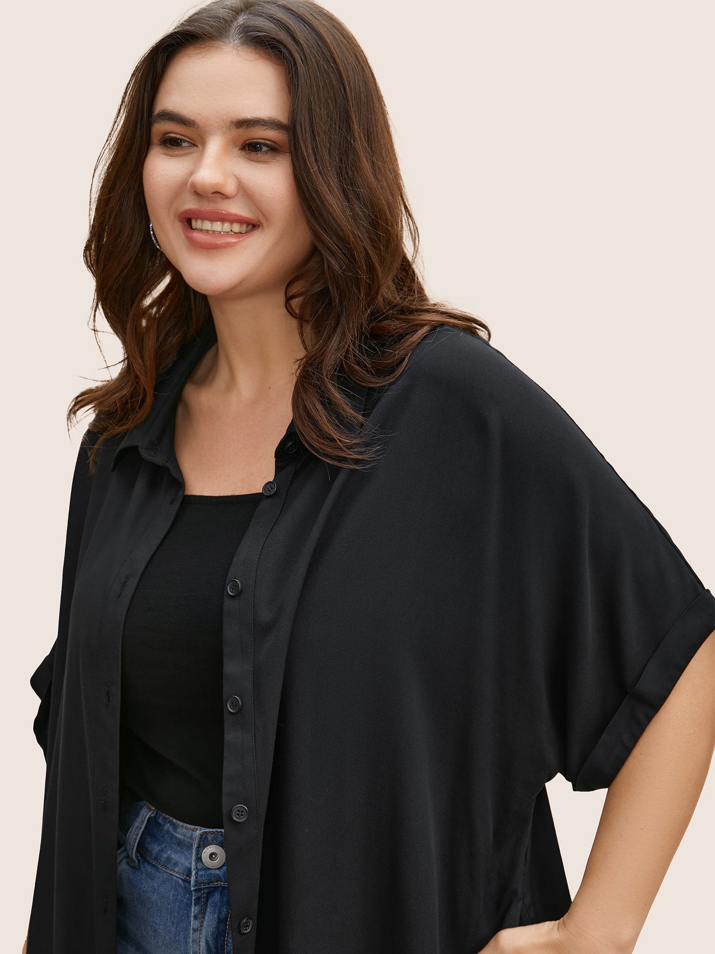 Rayon Shirt Collar Cuffed Sleeve Pocket Blouse