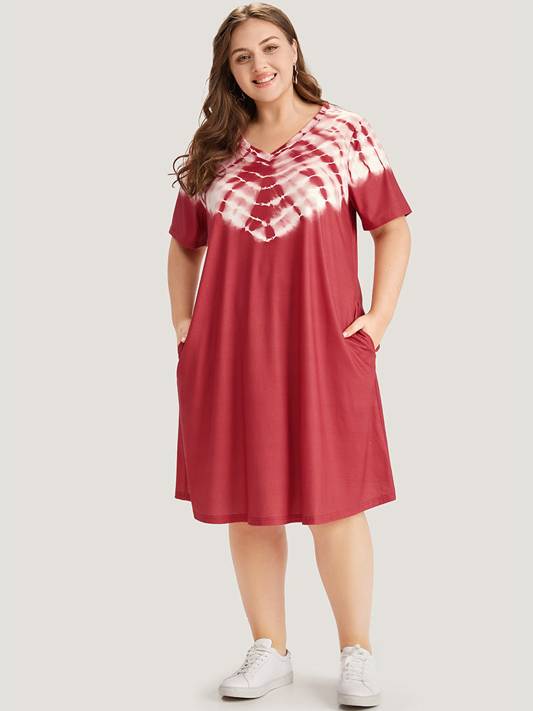 Tie Dye Pocket V Neck Knee Dress