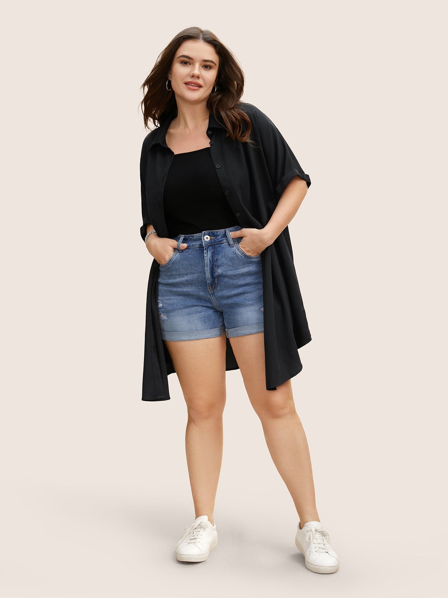 Rayon Shirt Collar Cuffed Sleeve Pocket Blouse