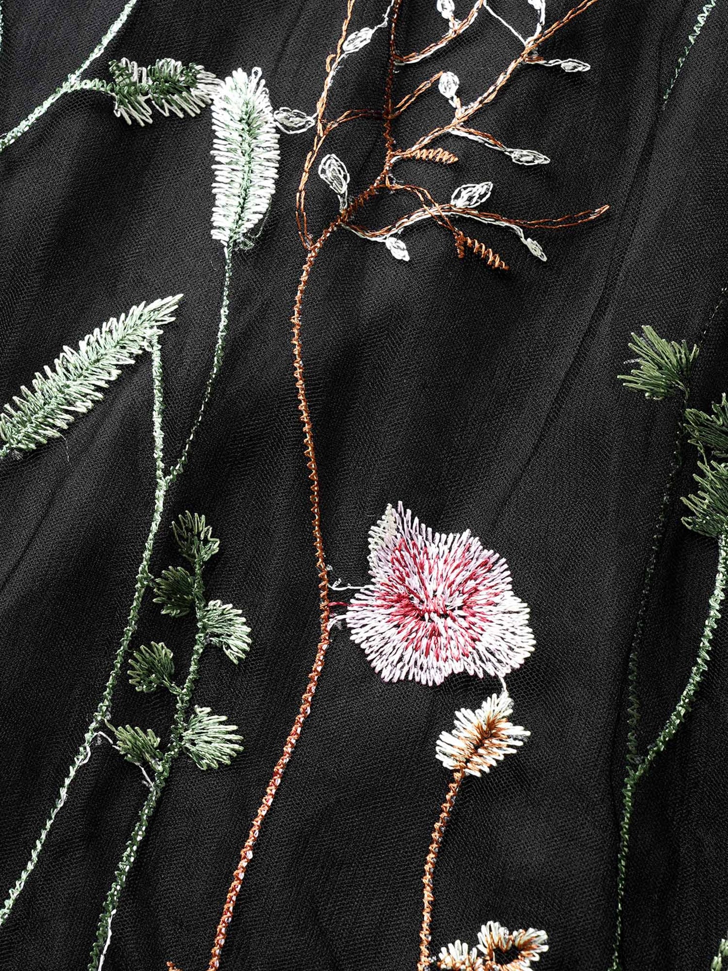 Plants Embroidered Mesh Elastic Waist Skirt
