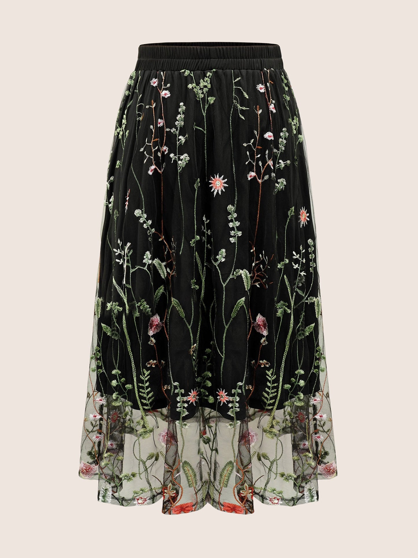 Plants Embroidered Mesh Elastic Waist Skirt