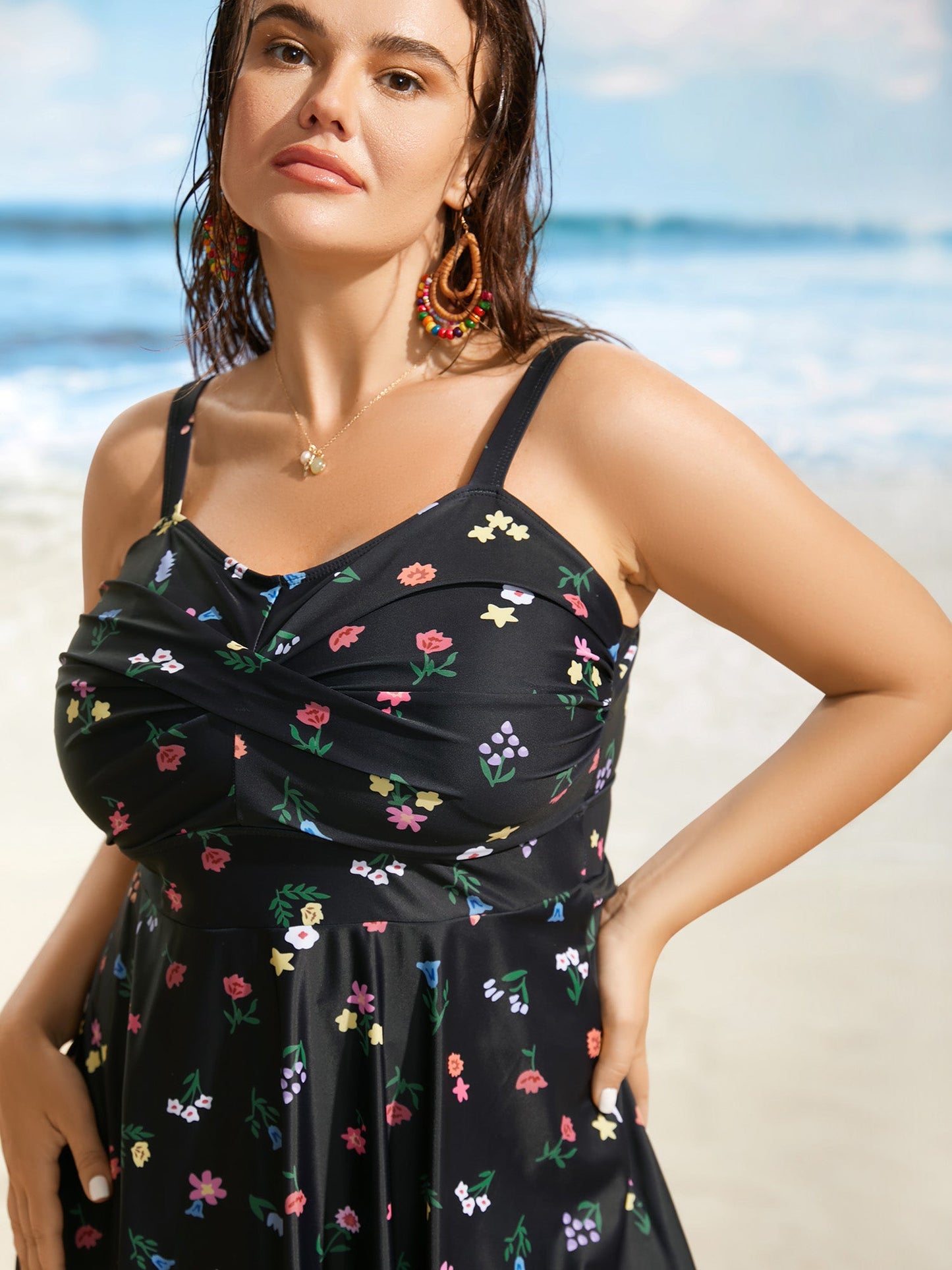 Heart Neckline Floral Twist Front Swim Dress
