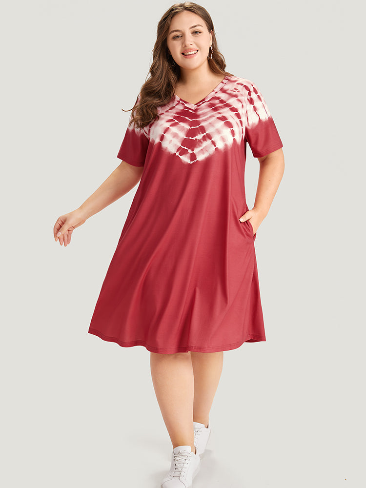 Tie Dye Pocket V Neck Knee Dress